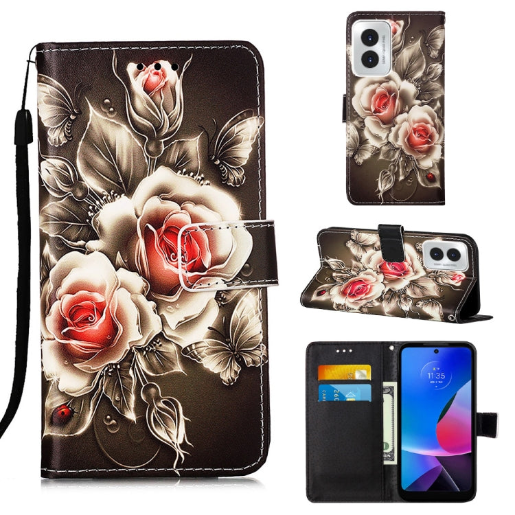 For Motorola Moto G Play 4G 2024 Colored Drawing Pattern Plain Weave Leather Phone Case(Roses On Black) by buy2fix