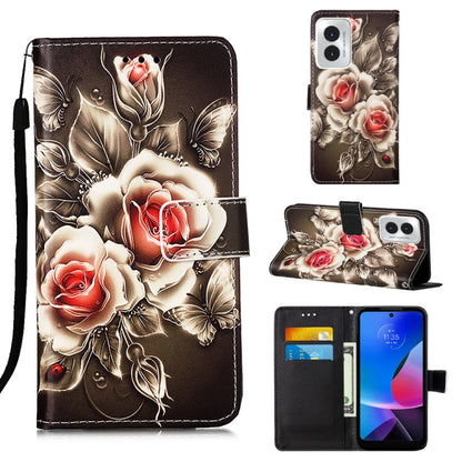 For Motorola Moto G Play 4G 2024 Colored Drawing Pattern Plain Weave Leather Phone Case(Roses On Black) by buy2fix