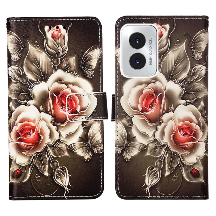 For Motorola Moto G Play 4G 2024 Colored Drawing Pattern Plain Weave Leather Phone Case(Roses On Black) by buy2fix