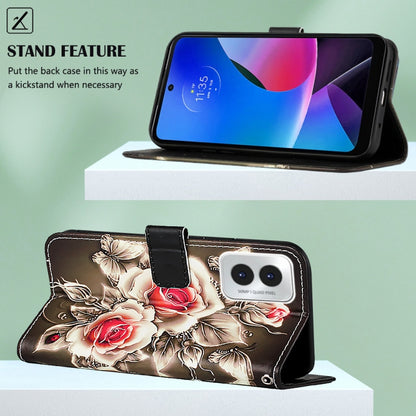 For Motorola Moto G Play 4G 2024 Colored Drawing Pattern Plain Weave Leather Phone Case(Roses On Black) by buy2fix
