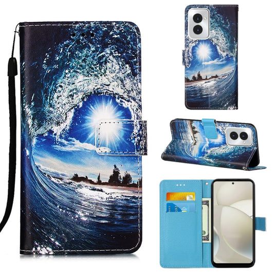 For Motorola Moto G Power 5G 2024 Colored Drawing Pattern Plain Weave Leather Phone Case(Waves And Sun) by buy2fix