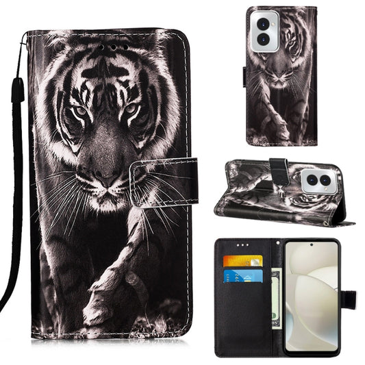 For Motorola Moto G Power 5G 2024 Colored Drawing Pattern Plain Weave Leather Phone Case(Black And White Tiger) by buy2fix