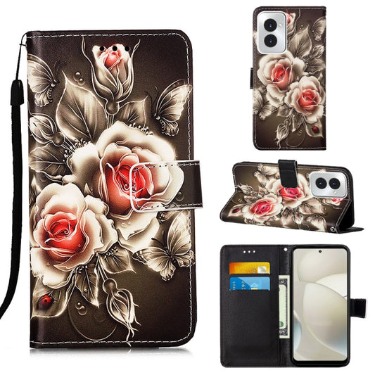 For Motorola Moto G Power 5G 2024 Colored Drawing Pattern Plain Weave Leather Phone Case(Roses On Black) by buy2fix