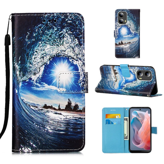 For Motorola Moto G Play 5G 2024 Colored Drawing Pattern Plain Weave Leather Phone Case(Waves And Sun) by buy2fix