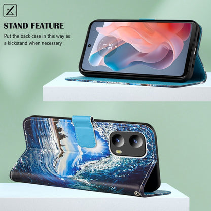 For Motorola Moto G Play 5G 2024 Colored Drawing Pattern Plain Weave Leather Phone Case(Waves And Sun) by buy2fix
