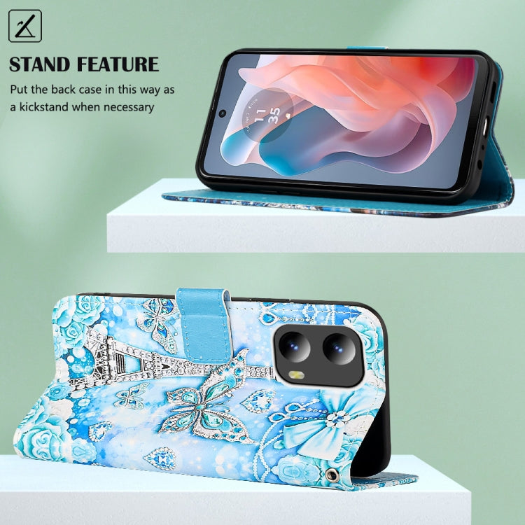 For Motorola Moto G Play 5G 2024 Colored Drawing Pattern Plain Weave Leather Phone Case(Tower Butterfly) by buy2fix