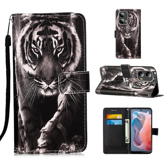 For Motorola Moto G Play 5G 2024 Colored Drawing Pattern Plain Weave Leather Phone Case(Black And White Tiger) by buy2fix