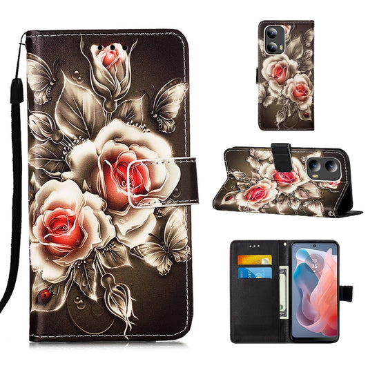 For Motorola Moto G Play 5G 2024 Colored Drawing Pattern Plain Weave Leather Phone Case(Roses On Black) by buy2fix