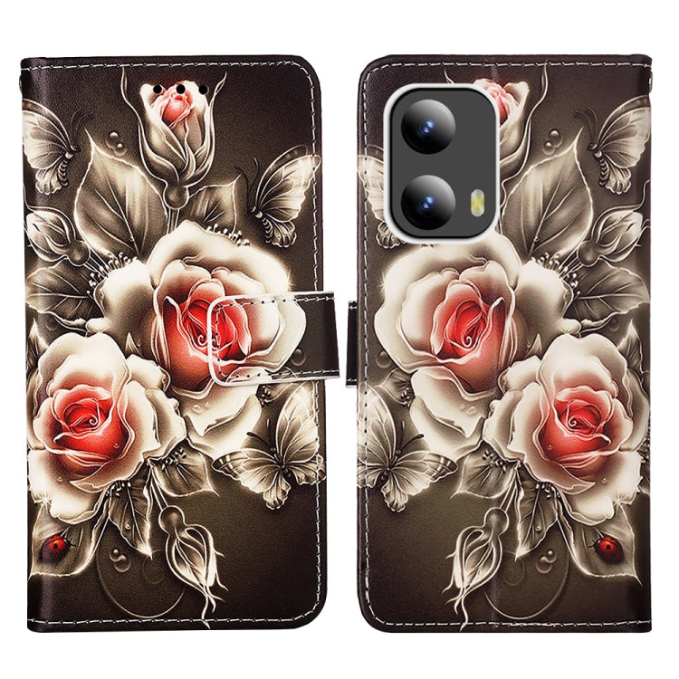For Motorola Moto G Play 5G 2024 Colored Drawing Pattern Plain Weave Leather Phone Case(Roses On Black) by buy2fix