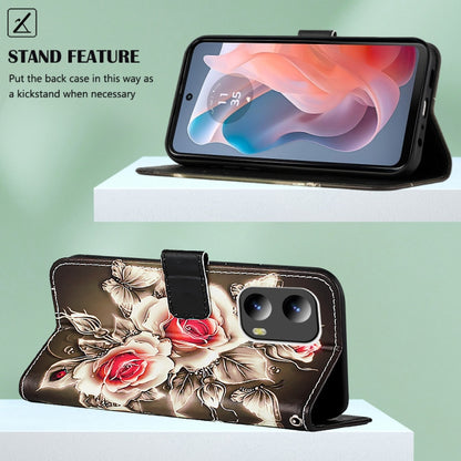 For Motorola Moto G Play 5G 2024 Colored Drawing Pattern Plain Weave Leather Phone Case(Roses On Black) by buy2fix