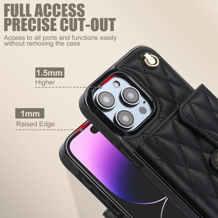 For iPhone 15 Pro Crossbody Rhombic Horizontal Wallet Leather Phone Case(Black) - iPhone 15 Pro Cases by buy2fix | Online Shopping UK | buy2fix