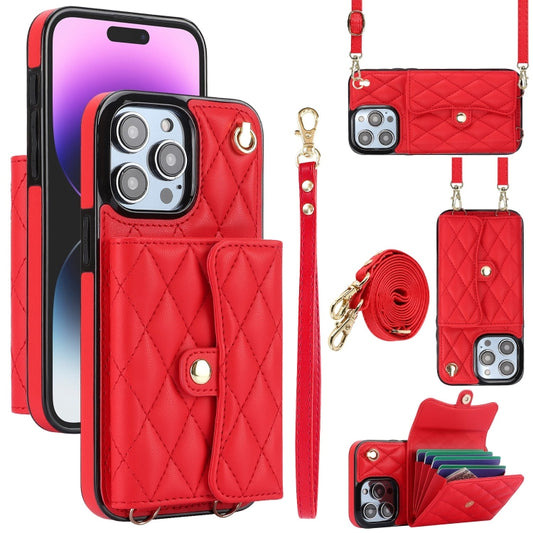 For iPhone 15 Pro Crossbody Rhombic Horizontal Wallet Leather Phone Case(Red) - iPhone 15 Pro Cases by buy2fix | Online Shopping UK | buy2fix