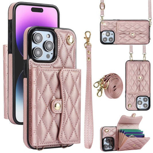 For iPhone 15 Pro Crossbody Rhombic Horizontal Wallet Leather Phone Case(Rose Gold) - iPhone 15 Pro Cases by buy2fix | Online Shopping UK | buy2fix