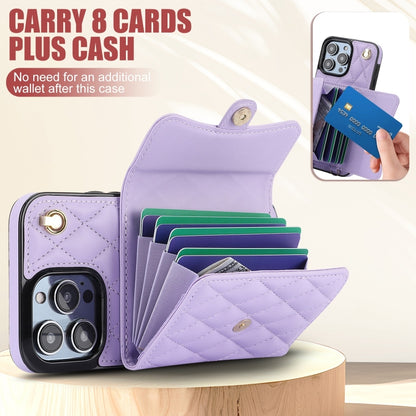 For iPhone 15 Pro Crossbody Rhombic Horizontal Wallet Leather Phone Case(Purple) - iPhone 15 Pro Cases by buy2fix | Online Shopping UK | buy2fix