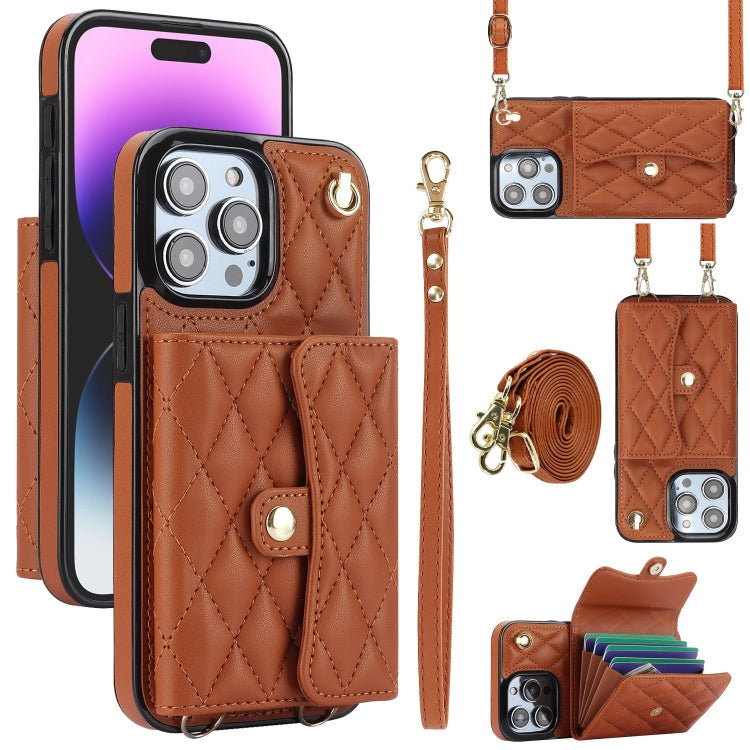 For iPhone 15 Pro Crossbody Rhombic Horizontal Wallet Leather Phone Case(Brown) - iPhone 15 Pro Cases by buy2fix | Online Shopping UK | buy2fix