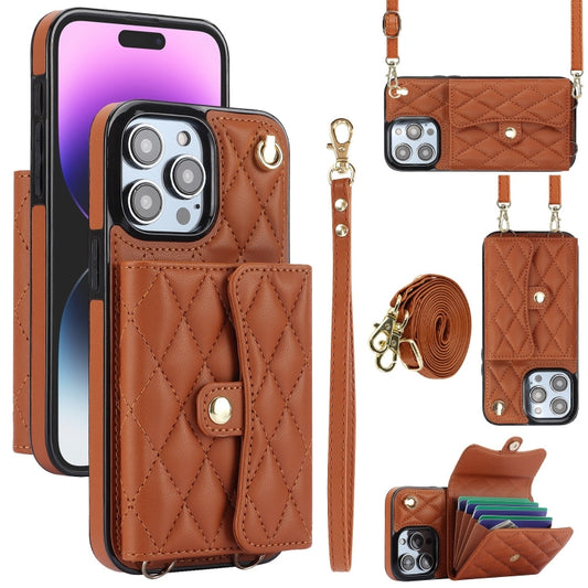 For iPhone 15 Pro Crossbody Rhombic Horizontal Wallet Leather Phone Case(Brown) - iPhone 15 Pro Cases by buy2fix | Online Shopping UK | buy2fix