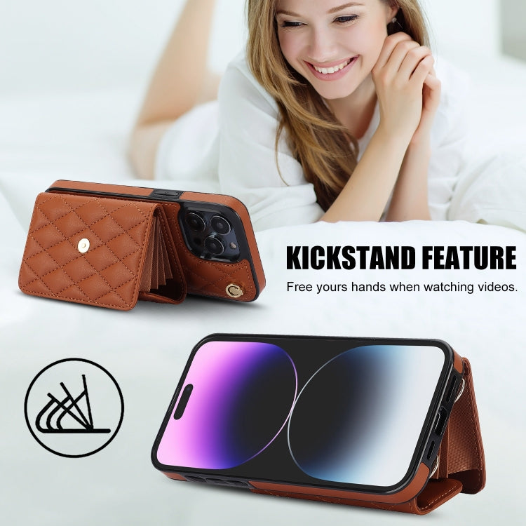 For iPhone 15 Pro Crossbody Rhombic Horizontal Wallet Leather Phone Case(Brown) - iPhone 15 Pro Cases by buy2fix | Online Shopping UK | buy2fix