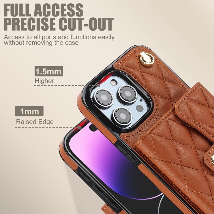 For iPhone 15 Pro Crossbody Rhombic Horizontal Wallet Leather Phone Case(Brown) - iPhone 15 Pro Cases by buy2fix | Online Shopping UK | buy2fix