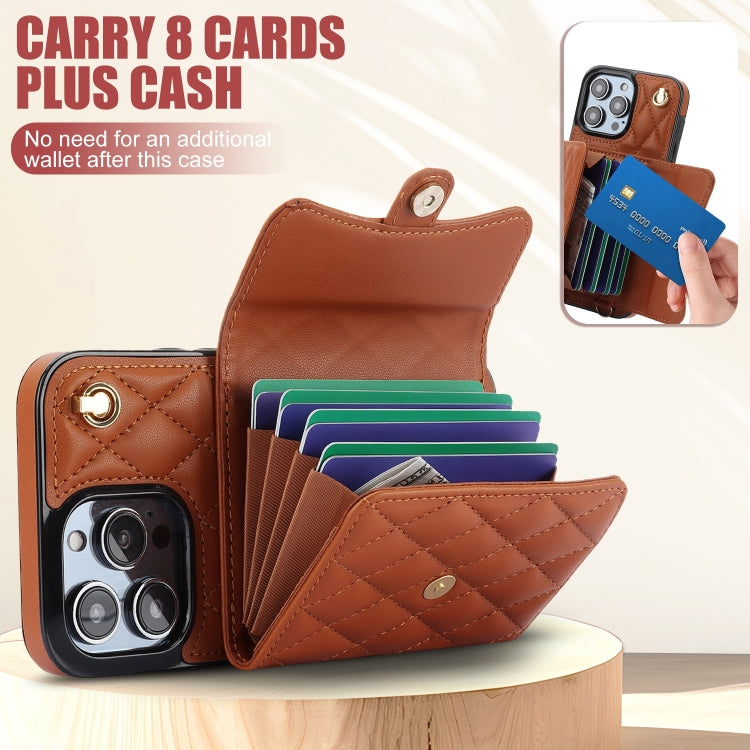 For iPhone 15 Pro Crossbody Rhombic Horizontal Wallet Leather Phone Case(Brown) - iPhone 15 Pro Cases by buy2fix | Online Shopping UK | buy2fix