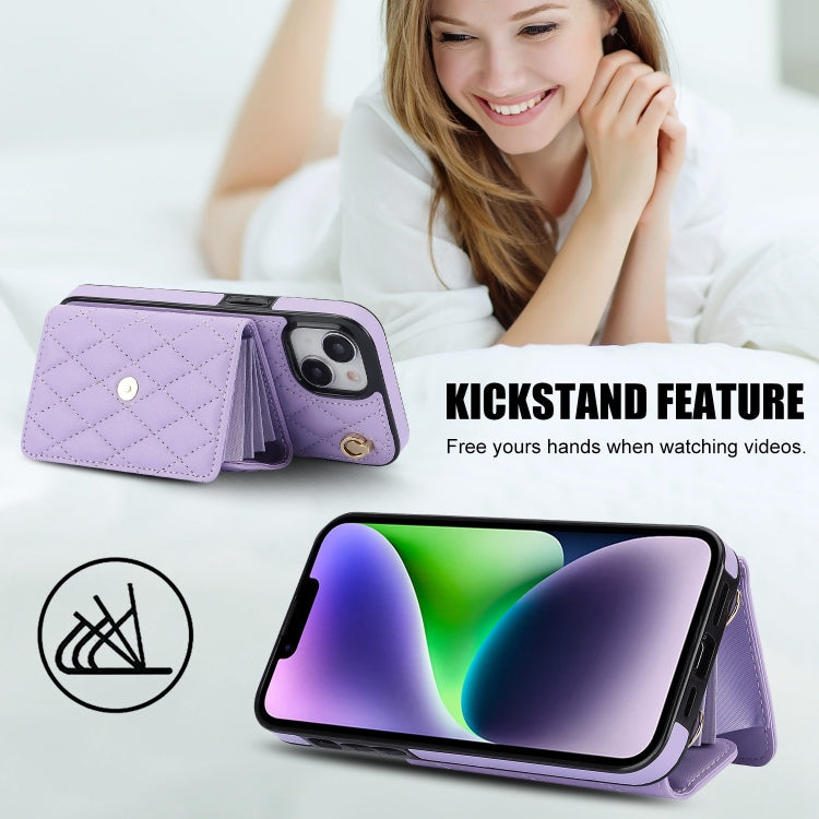 For iPhone 15 Plus Crossbody Rhombic Horizontal Wallet Leather Phone Case(Purple) - iPhone 15 Plus Cases by buy2fix | Online Shopping UK | buy2fix