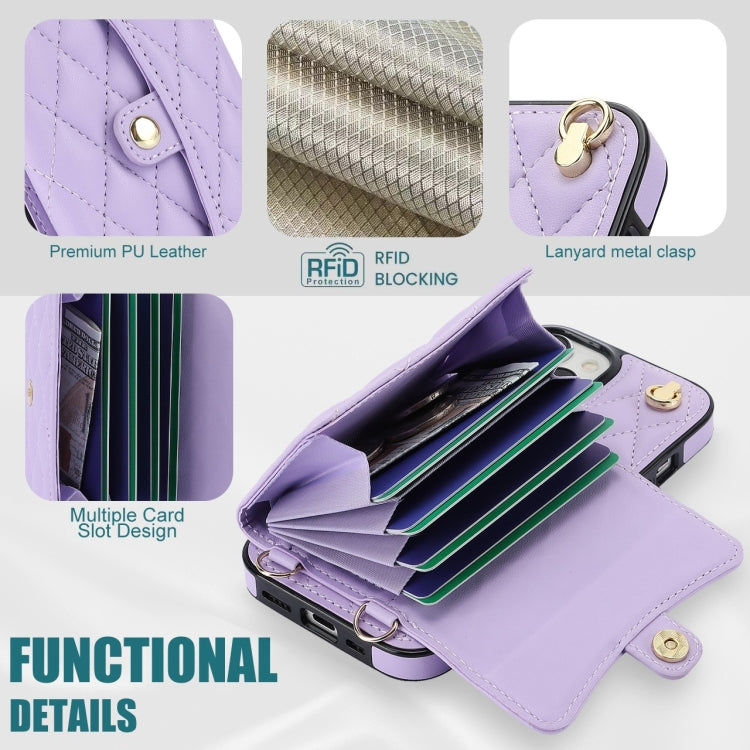 For iPhone 15 Plus Crossbody Rhombic Horizontal Wallet Leather Phone Case(Purple) - iPhone 15 Plus Cases by buy2fix | Online Shopping UK | buy2fix
