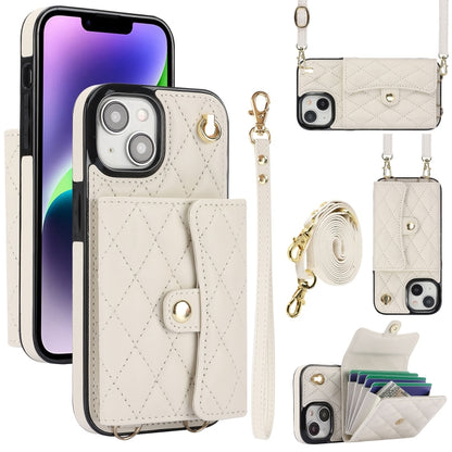 For iPhone 15 Crossbody Rhombic Horizontal Wallet Leather Phone Case(White) - iPhone 15 Cases by buy2fix | Online Shopping UK | buy2fix