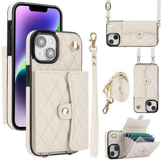 For iPhone 15 Crossbody Rhombic Horizontal Wallet Leather Phone Case(White) - iPhone 15 Cases by buy2fix | Online Shopping UK | buy2fix
