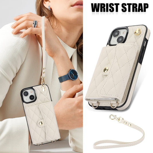 For iPhone 15 Crossbody Rhombic Horizontal Wallet Leather Phone Case(White) - iPhone 15 Cases by buy2fix | Online Shopping UK | buy2fix