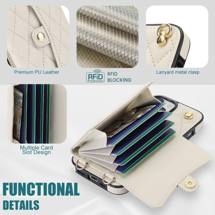 For iPhone 15 Crossbody Rhombic Horizontal Wallet Leather Phone Case(White) - iPhone 15 Cases by buy2fix | Online Shopping UK | buy2fix