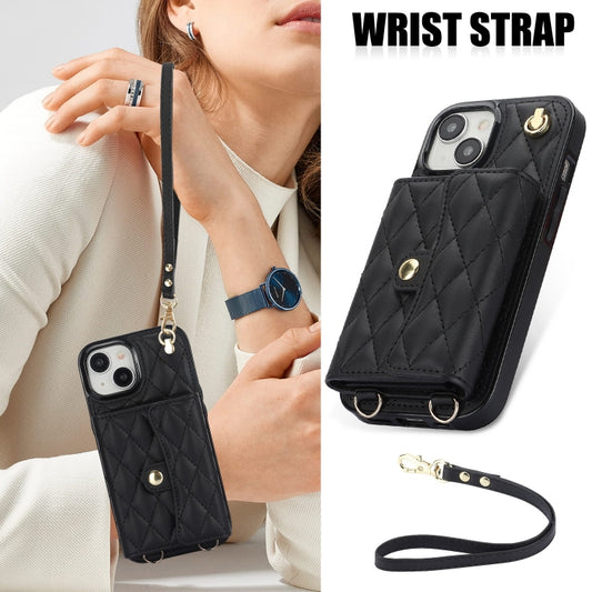 For iPhone 15 Crossbody Rhombic Horizontal Wallet Leather Phone Case(Black) - iPhone 15 Cases by buy2fix | Online Shopping UK | buy2fix