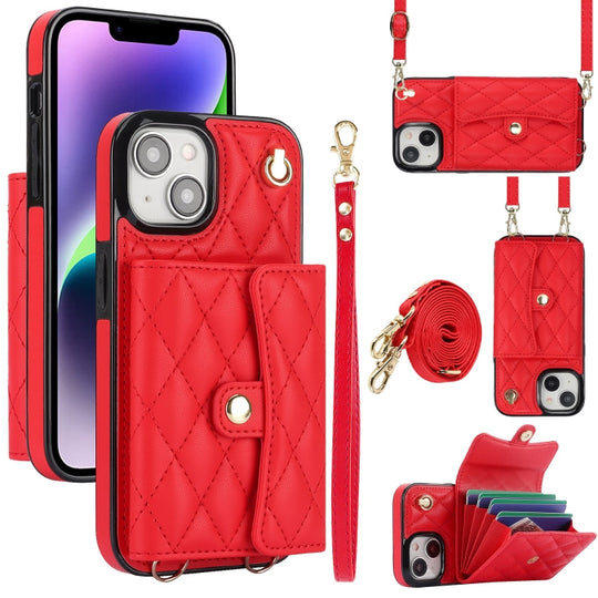 For iPhone 15 Crossbody Rhombic Horizontal Wallet Leather Phone Case(Red)