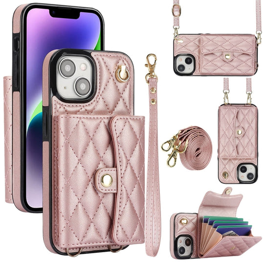 For iPhone 15 Crossbody Rhombic Horizontal Wallet Leather Phone Case(Rose Gold)