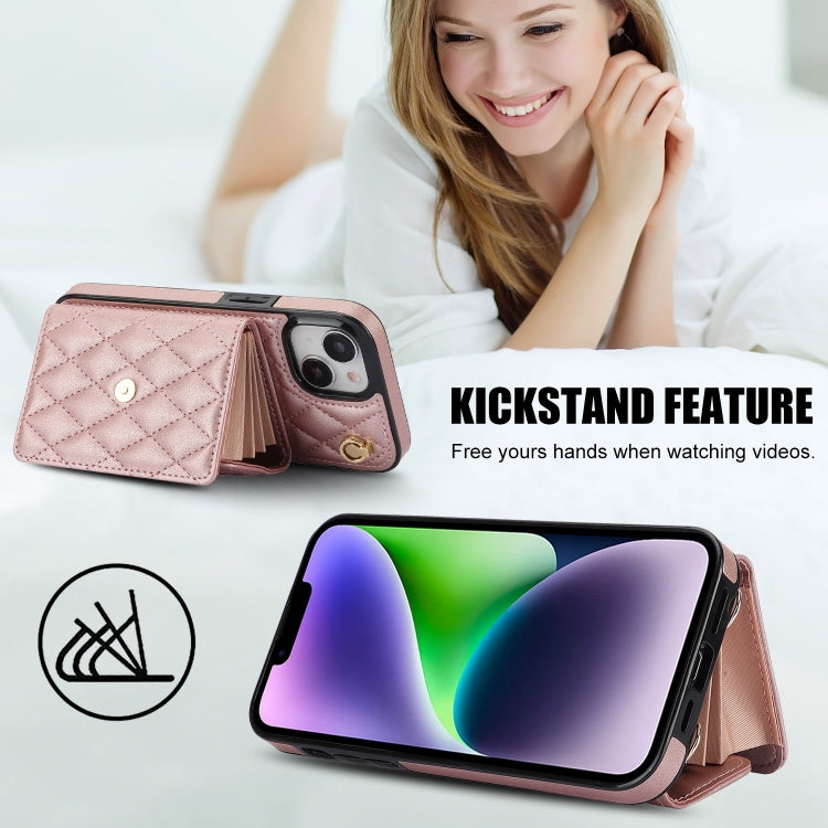 For iPhone 15 Crossbody Rhombic Horizontal Wallet Leather Phone Case(Rose Gold) - iPhone 15 Cases by buy2fix | Online Shopping UK | buy2fix