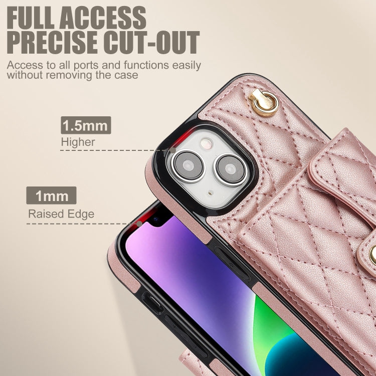 For iPhone 15 Crossbody Rhombic Horizontal Wallet Leather Phone Case(Rose Gold) - iPhone 15 Cases by buy2fix | Online Shopping UK | buy2fix