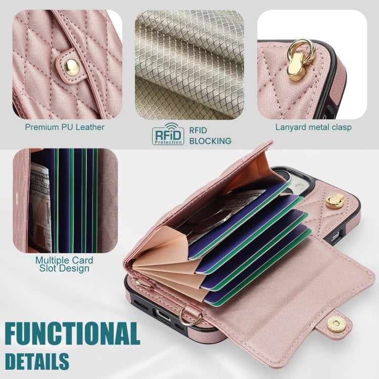 For iPhone 15 Crossbody Rhombic Horizontal Wallet Leather Phone Case(Rose Gold) - iPhone 15 Cases by buy2fix | Online Shopping UK | buy2fix