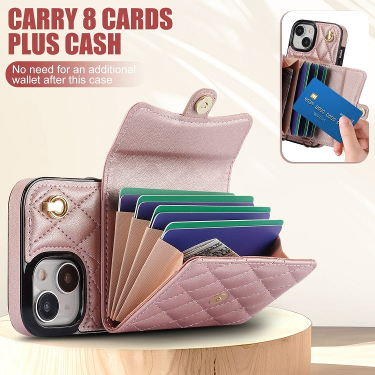 For iPhone 15 Crossbody Rhombic Horizontal Wallet Leather Phone Case(Rose Gold) - iPhone 15 Cases by buy2fix | Online Shopping UK | buy2fix