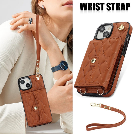 For iPhone 15 Crossbody Rhombic Horizontal Wallet Leather Phone Case(Brown) - iPhone 15 Cases by buy2fix | Online Shopping UK | buy2fix