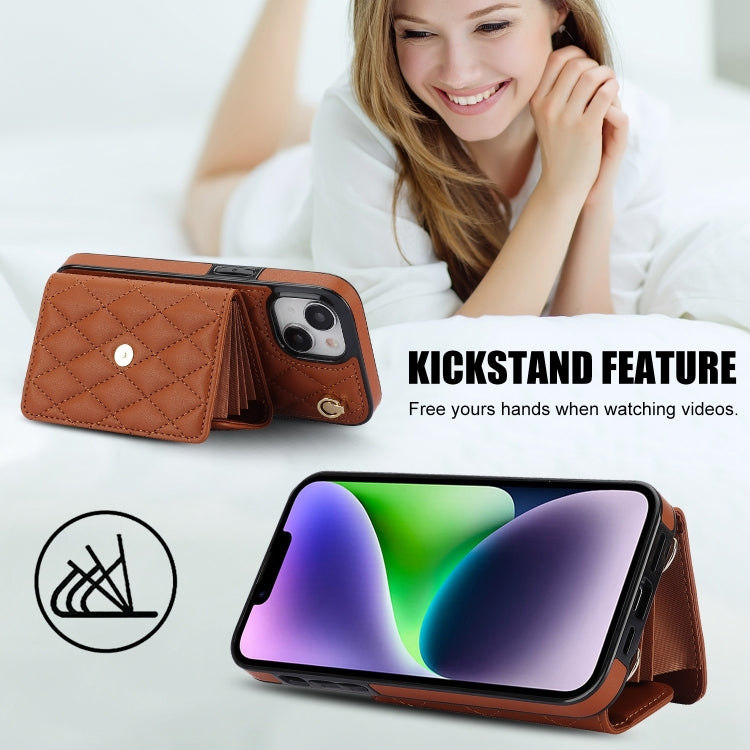 For iPhone 15 Crossbody Rhombic Horizontal Wallet Leather Phone Case(Brown) - iPhone 15 Cases by buy2fix | Online Shopping UK | buy2fix