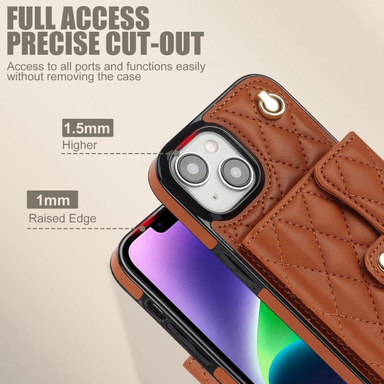 For iPhone 15 Crossbody Rhombic Horizontal Wallet Leather Phone Case(Brown) - iPhone 15 Cases by buy2fix | Online Shopping UK | buy2fix