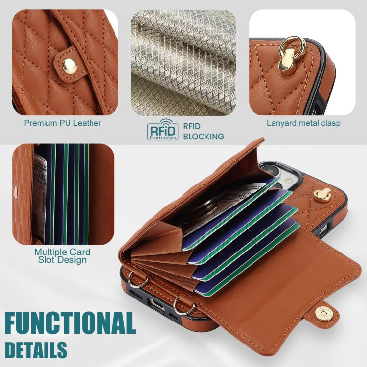 For iPhone 15 Crossbody Rhombic Horizontal Wallet Leather Phone Case(Brown) - iPhone 15 Cases by buy2fix | Online Shopping UK | buy2fix