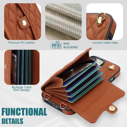 For iPhone 15 Crossbody Rhombic Horizontal Wallet Leather Phone Case(Brown) - iPhone 15 Cases by buy2fix | Online Shopping UK | buy2fix