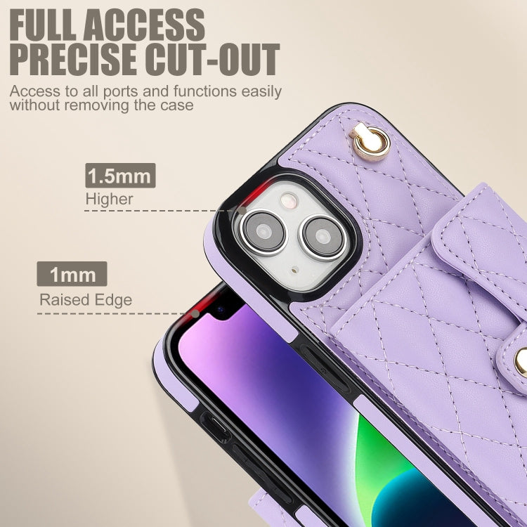 For iPhone 14 Plus Crossbody Rhombic Horizontal Wallet Leather Phone Case(Purple) - iPhone 14 Plus Cases by buy2fix | Online Shopping UK | buy2fix