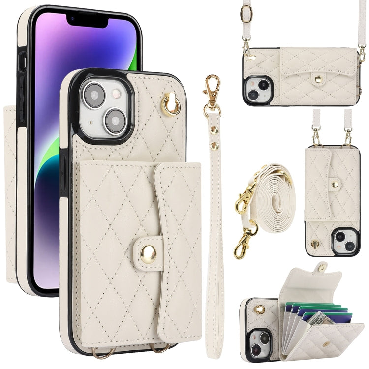 For iPhone 14 Crossbody Rhombic Horizontal Wallet Leather Phone Case(White) - iPhone 14 Cases by buy2fix | Online Shopping UK | buy2fix