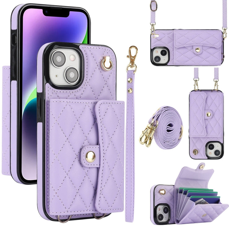 For iPhone 14 Crossbody Rhombic Horizontal Wallet Leather Phone Case(Purple) - iPhone 14 Cases by buy2fix | Online Shopping UK | buy2fix