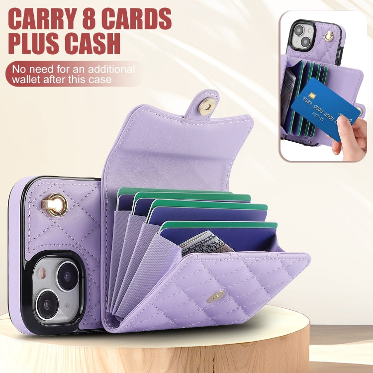 For iPhone 14 Crossbody Rhombic Horizontal Wallet Leather Phone Case(Purple) - iPhone 14 Cases by buy2fix | Online Shopping UK | buy2fix