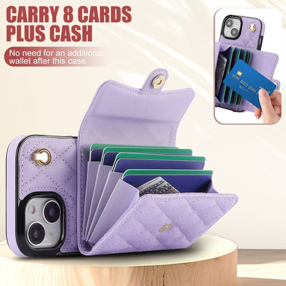 For iPhone 14 Crossbody Rhombic Horizontal Wallet Leather Phone Case(Purple) - iPhone 14 Cases by buy2fix | Online Shopping UK | buy2fix