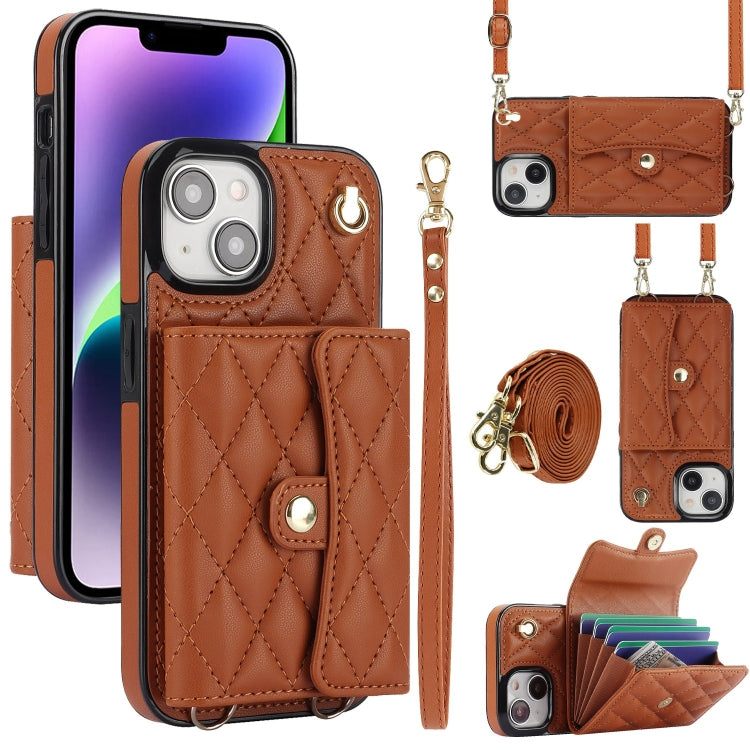 For iPhone 14 Crossbody Rhombic Horizontal Wallet Leather Phone Case(Brown) - iPhone 14 Cases by buy2fix | Online Shopping UK | buy2fix