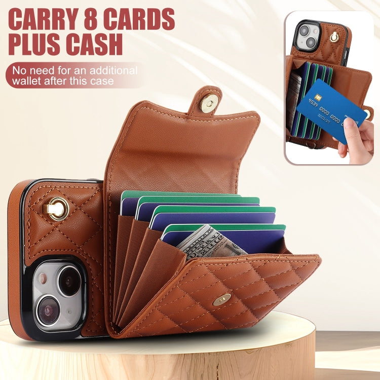 For iPhone 14 Crossbody Rhombic Horizontal Wallet Leather Phone Case(Brown) - iPhone 14 Cases by buy2fix | Online Shopping UK | buy2fix