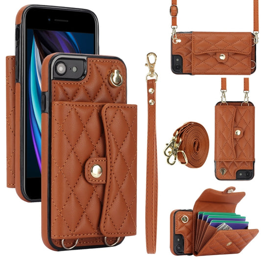 For iPhone SE 2022 / 2020 / 8 / 7 Crossbody Rhombic Horizontal Wallet Leather Phone Case(Brown) - iPhone SE 2022 / 2020 / 8 / 7 Cases by buy2fix | Online Shopping UK | buy2fix