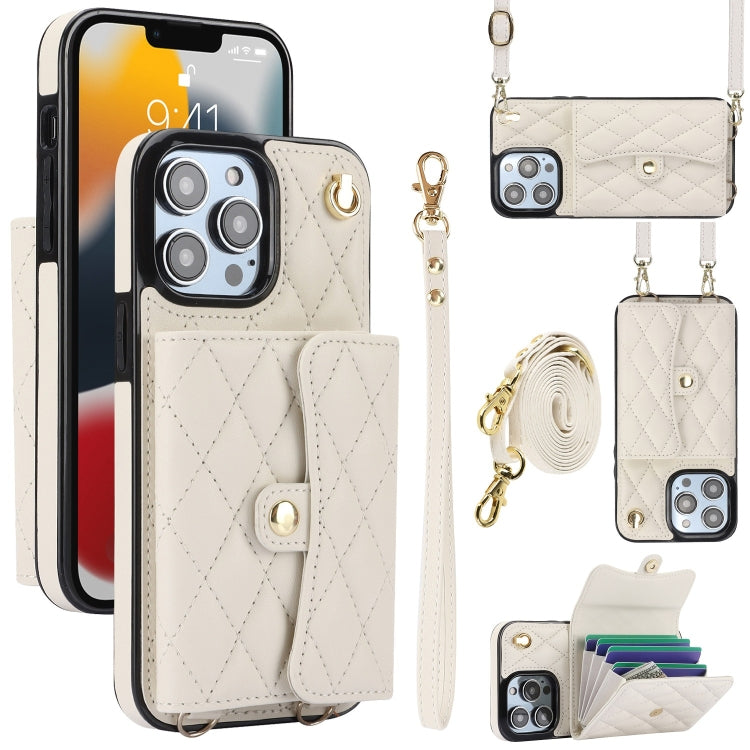 For iPhone 13 Pro Crossbody Rhombic Horizontal Wallet Leather Phone Case(White) - iPhone 13 Pro Cases by buy2fix | Online Shopping UK | buy2fix